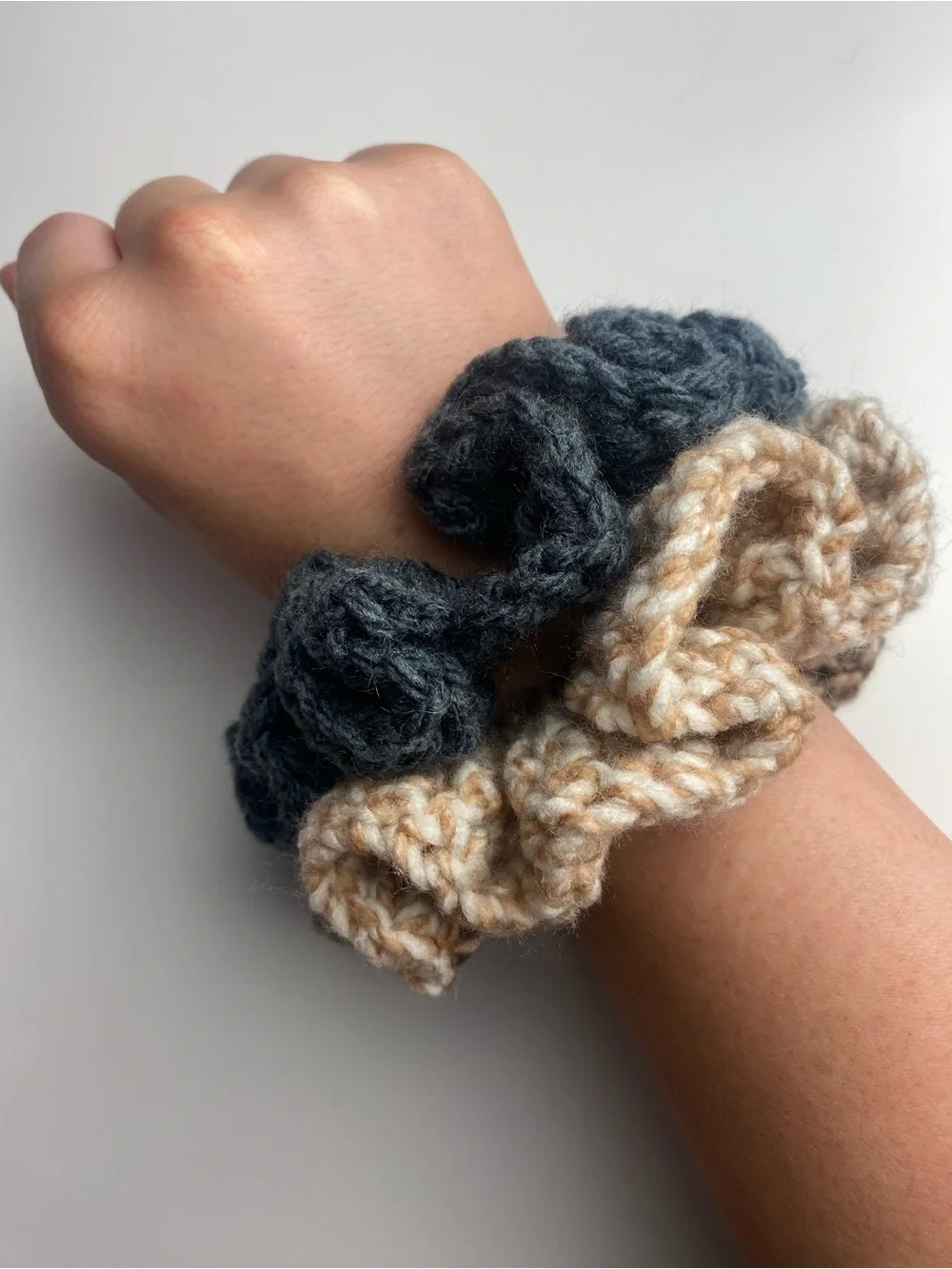 Handmade Gray and Beige Knit Scrunchie Set - Women's Accessories